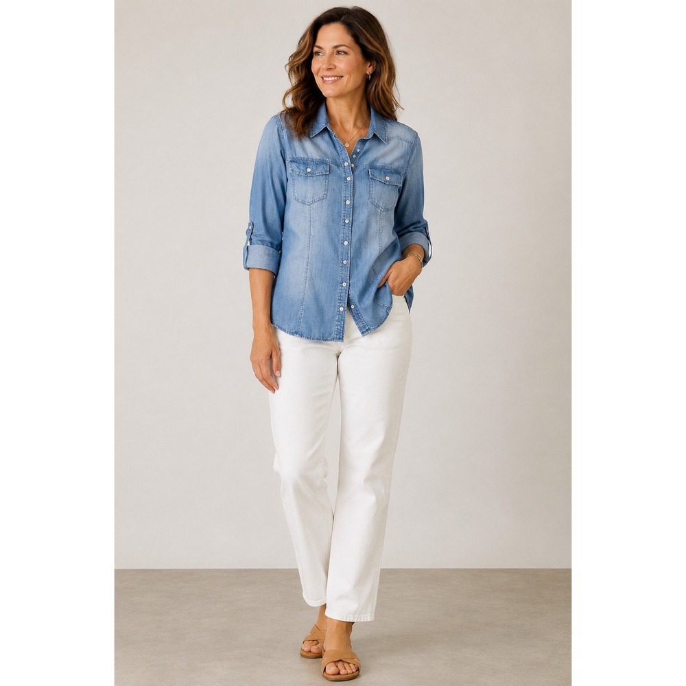 Chico's Tencel Lyocell Chambray Button Front Shirt Size Large Lightweight